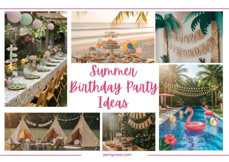 Mood board for summer birthday party ideas showing backyard, beach, boho tents, and pool setup