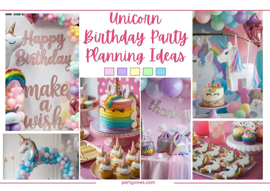 Mood board for summer birthday party ideas showing decor setup, party food, cake, party photo booth